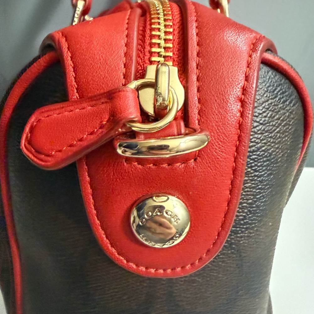 👜 Coach Leather Mini Satchel w/ Signature Stripe – Red & Brown - Picture 6 of 12